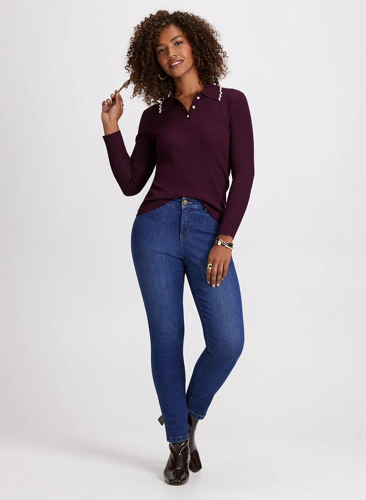 Pearl Trim Long Sleeve Sweater & Slim Leg Jeans