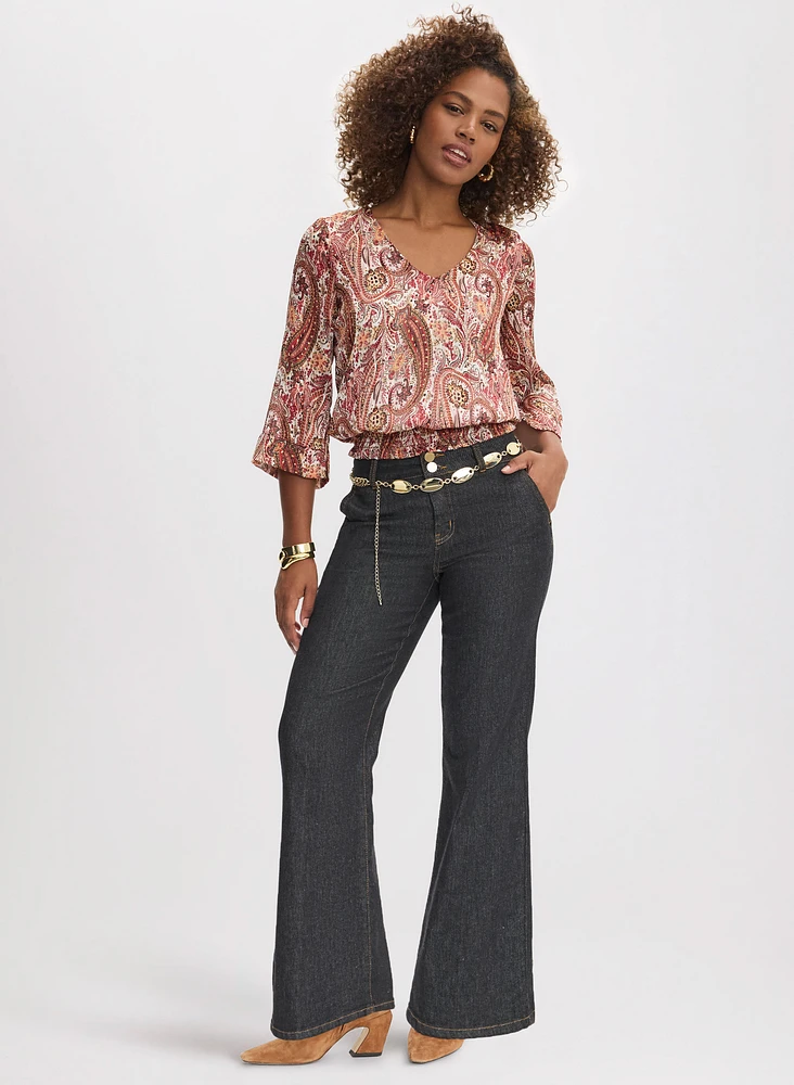 Paisley Print Blouse & Flare Leg Jeans