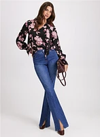 Floral Print Blouse & Flared Slit Jeans