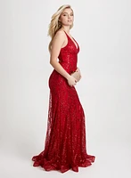 Glitter Mesh V-Neck Gown