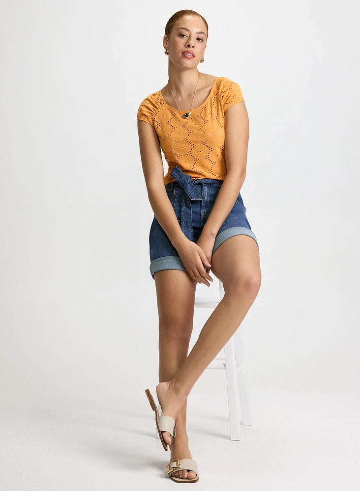 Scoop Neck Eyelet Top & Sash Denim Shorts