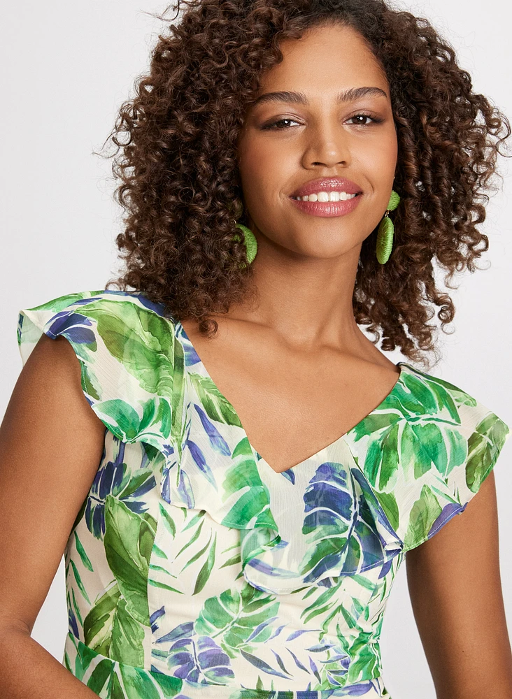 Ruffled Leaf Print Maxi Dress