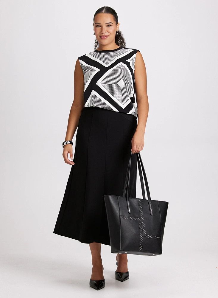 Sleeveless Geometric Print Top & Panel Insert A-Line Skirt