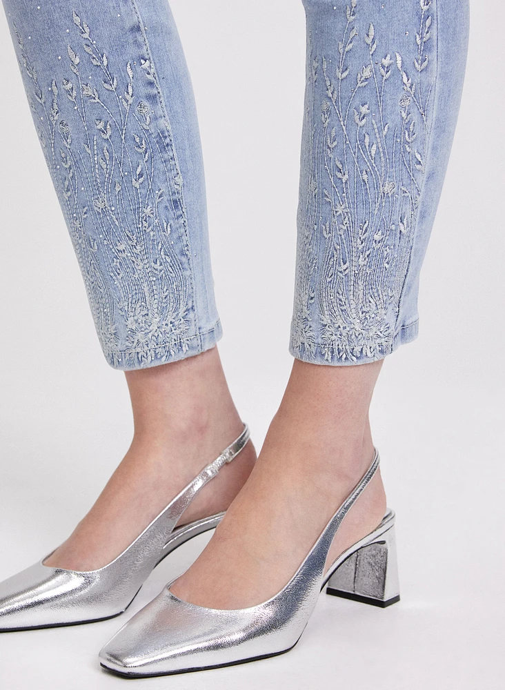 Embroidered Slim-Leg Denim