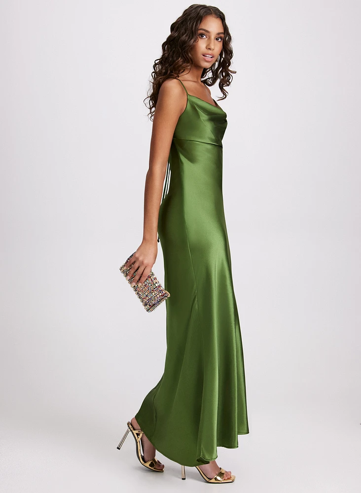 Drape Neck Satin Dress