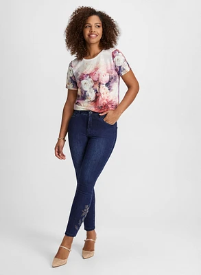 Floral Print Tee & Embellished Hem Jeans