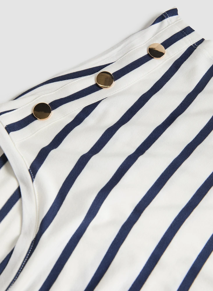 Buttoned Shoulder Striped T-Shirt