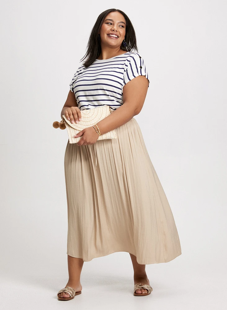 Buttoned Shoulder Striped T-Shirt & Smocked Waist Satin Maxi Skirt