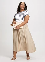 Buttoned Shoulder Striped T-Shirt & Smocked Waist Satin Maxi Skirt