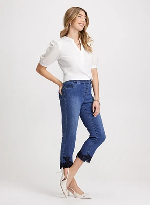 Embroidered Hem Straight Leg Jeans