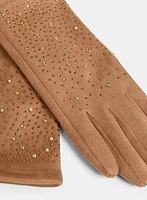 Scattered Rhinestone Faux-Suede Gloves