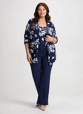 Floral Print Fooler Top & Pull-On Bootcut Jeans