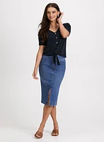 Shirred Sleeve Top & Denim Midi Skirt