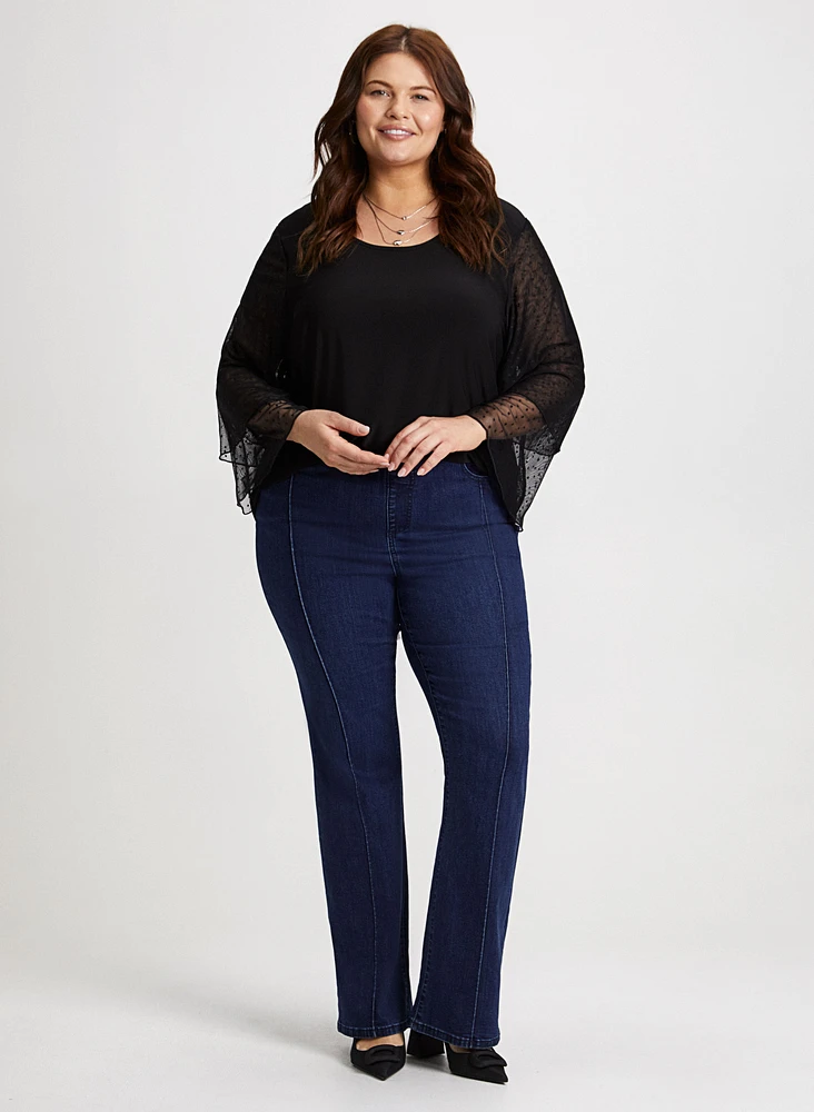 Chiffon-Sleeve Crew Neck Top & Pull-On Bootcut Jeans