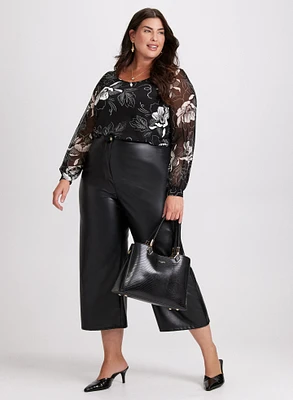 Floral Balloon Sleeve Top & Vegan Leather Wide-Leg Pants