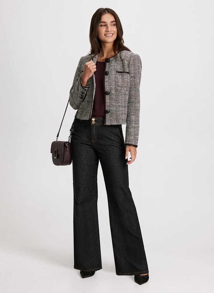 Single-Button Boucle Jacket & Flare Leg Jeans