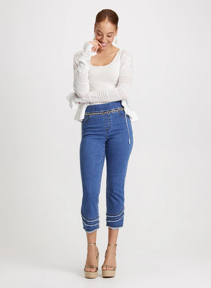 Pointelle Cardigan & Pull-On Frayed Denim Capris