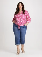 Floral Blouse & Denim Capris with Rolled Cuffs