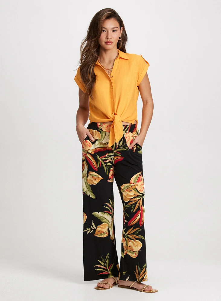 Linen Blend Knotted Blouse & Tropical Wide Leg Pants