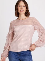 Polka Dot Ruffled Mesh Sleeves Top