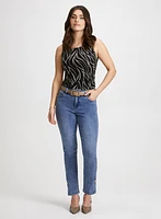 Zebra Print Sleeveless Top & Button Hem Jeans