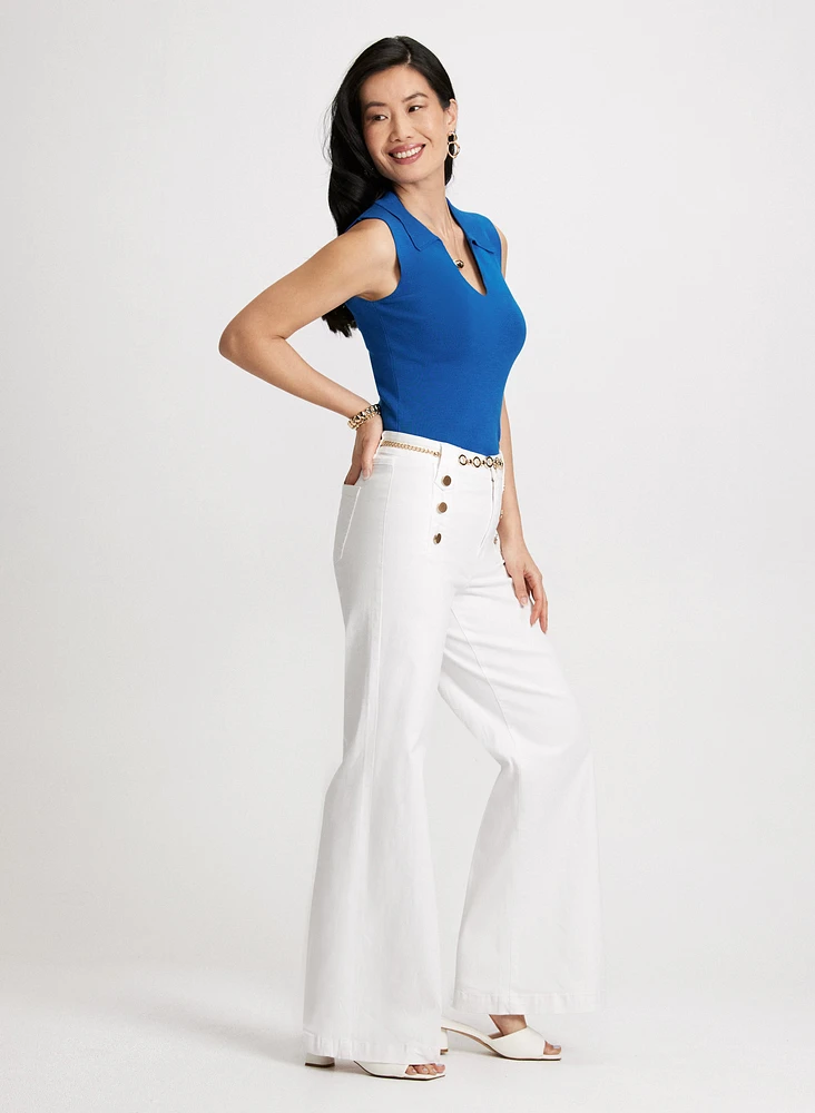 Button Detail Wide Leg Jeans