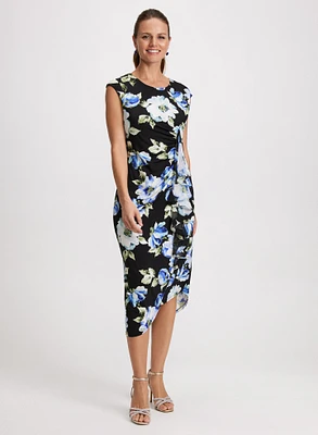 Flounced Asymmetric Floral Dress