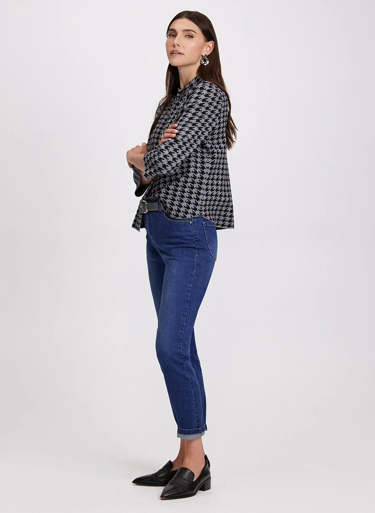 Houndstooth Print Cardigan & Slim Leg Jeans