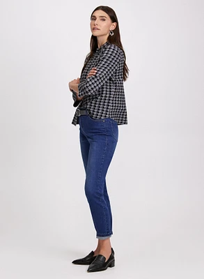 Houndstooth Print Cardigan & Slim Leg Jeans