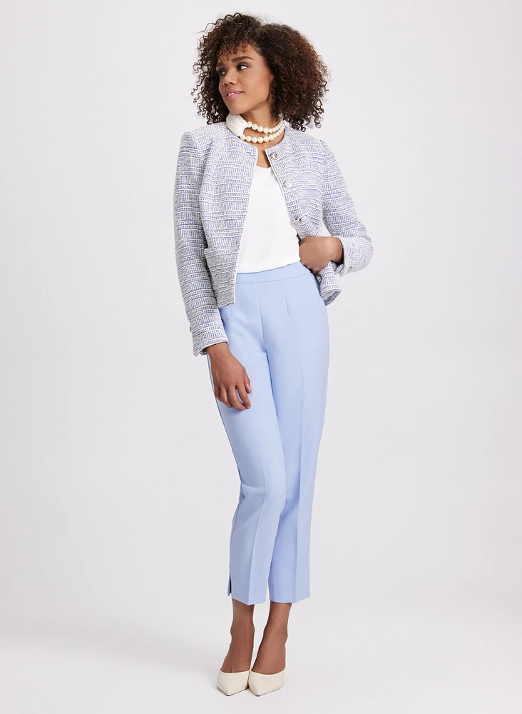 Stripe Bouclé Jacket & Pleated Waist Slim-Leg Pants