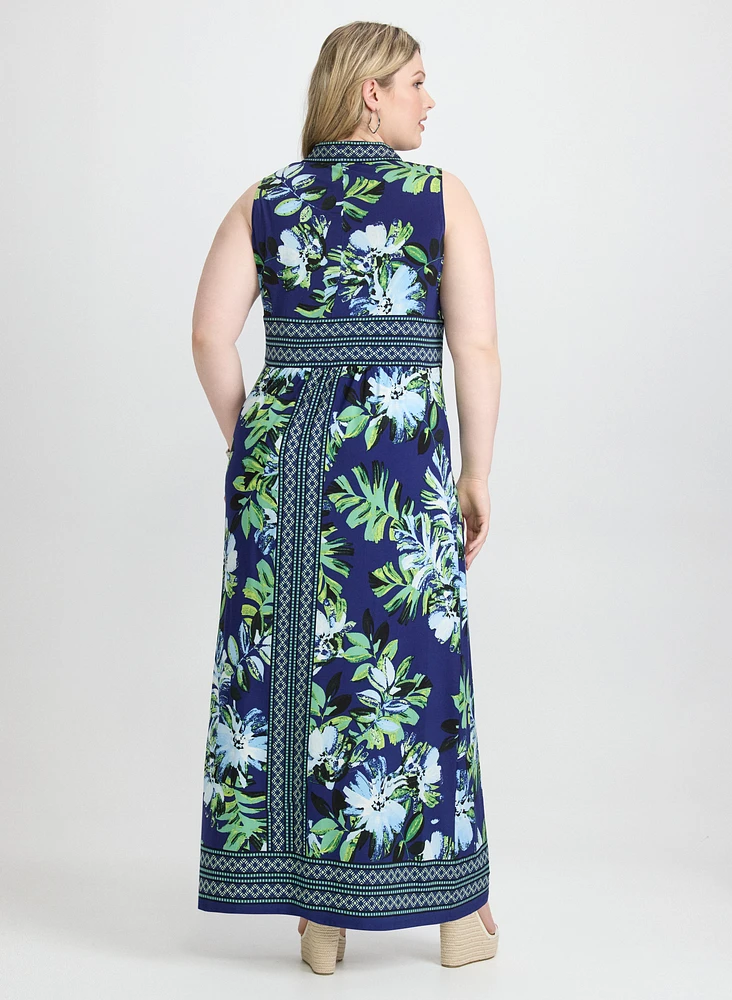 Robe maxi florale à bordure contrastante