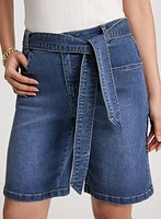 Self-Tie Belted Denim Shorts