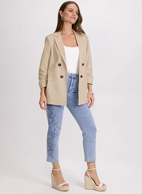 Linen-Blend Blazer & Embroidered Straight-Leg Jeans