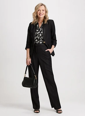 Embroidered Collar Blazer & Wide Leg Pants