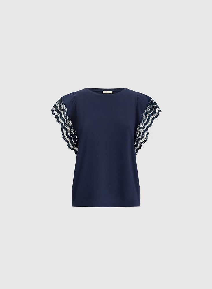 Crochet Trim Cap Sleeve T-Shirt