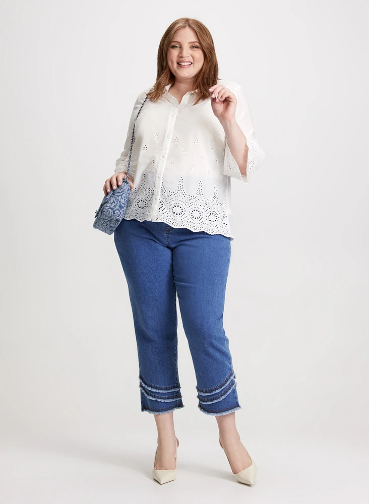 Embroidered Detail Blouse & Frayed Capri Jeans