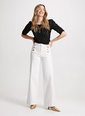 Shirred Sleeve Eyelet Top & Button Detail Wide Leg Jeans