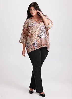 Paisley Print V-Neck Blouse & Rhinestone Detail Straight Leg Jeans