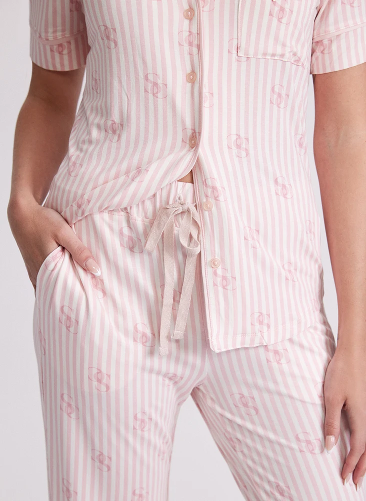 Striped Letter Print Pyjama Set