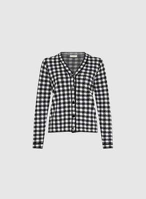 Houndstooth Print Button-Up Cardigan