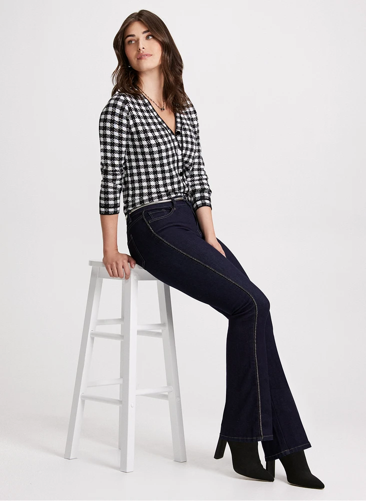 Houndstooth Print Cardigan & Flare-Leg Jeans