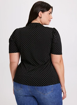 Polka Dot Pleated Mock Neck Top