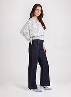 Embossed Button Wide-Leg Jeans