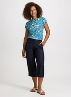 Cuffed Sleeve Paisley Print Top & Wide Leg Linen-Blend Capris