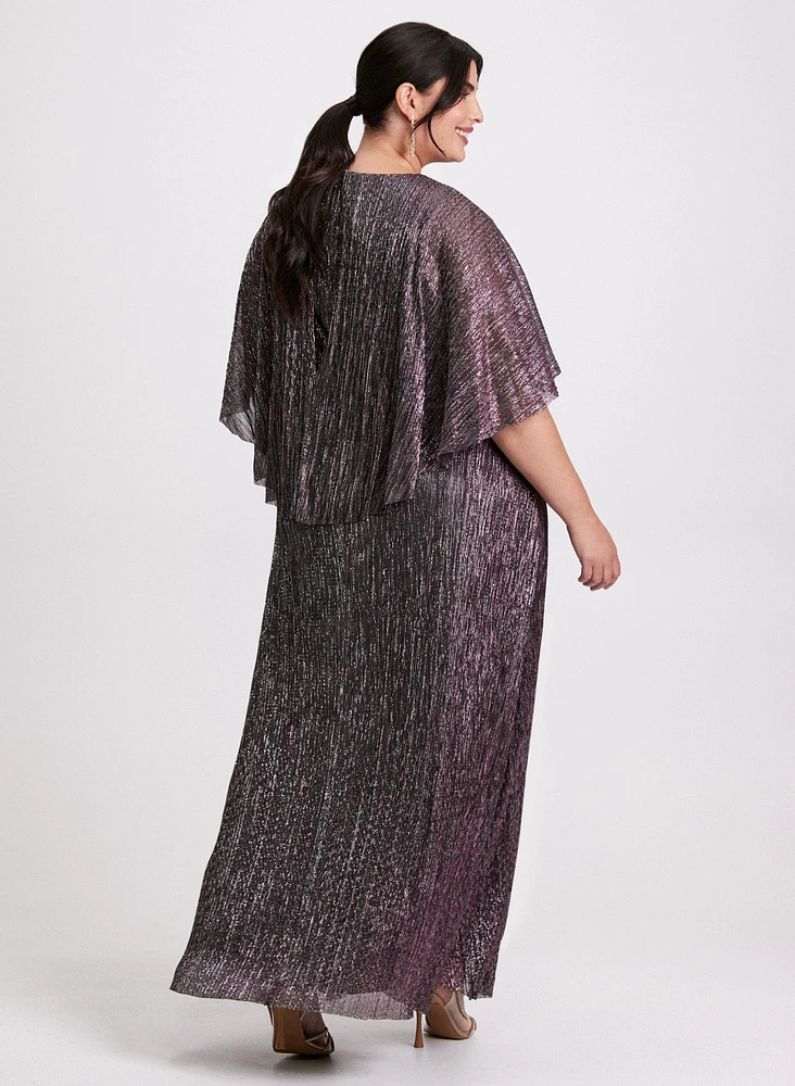 Metallic Cape Sleeve Plissé Dress