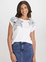 T-shirt à motif floral en esquisse