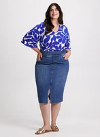 Leaf Print V-Neck Top & Denim Pencil Skirt