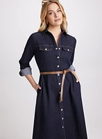 Belted Denim Button-Down Midi Dress