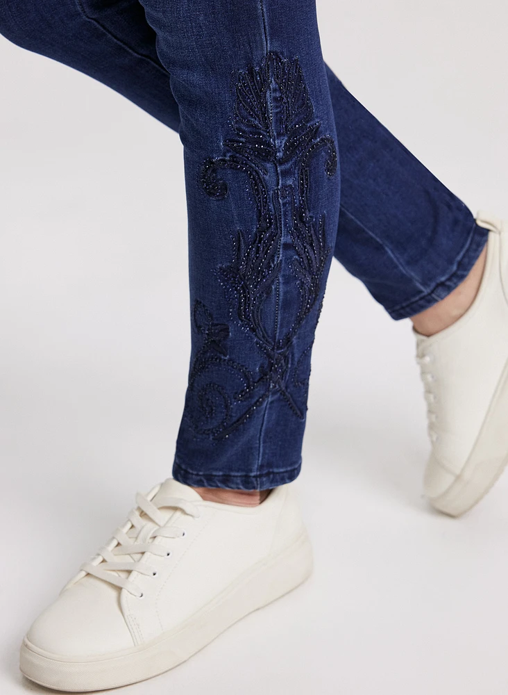 Embroidered Hem Slim Leg Jeans