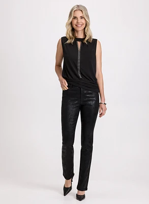 Keyhole Detail Pearl Trim Top & Snake Print Straight Leg Jeans